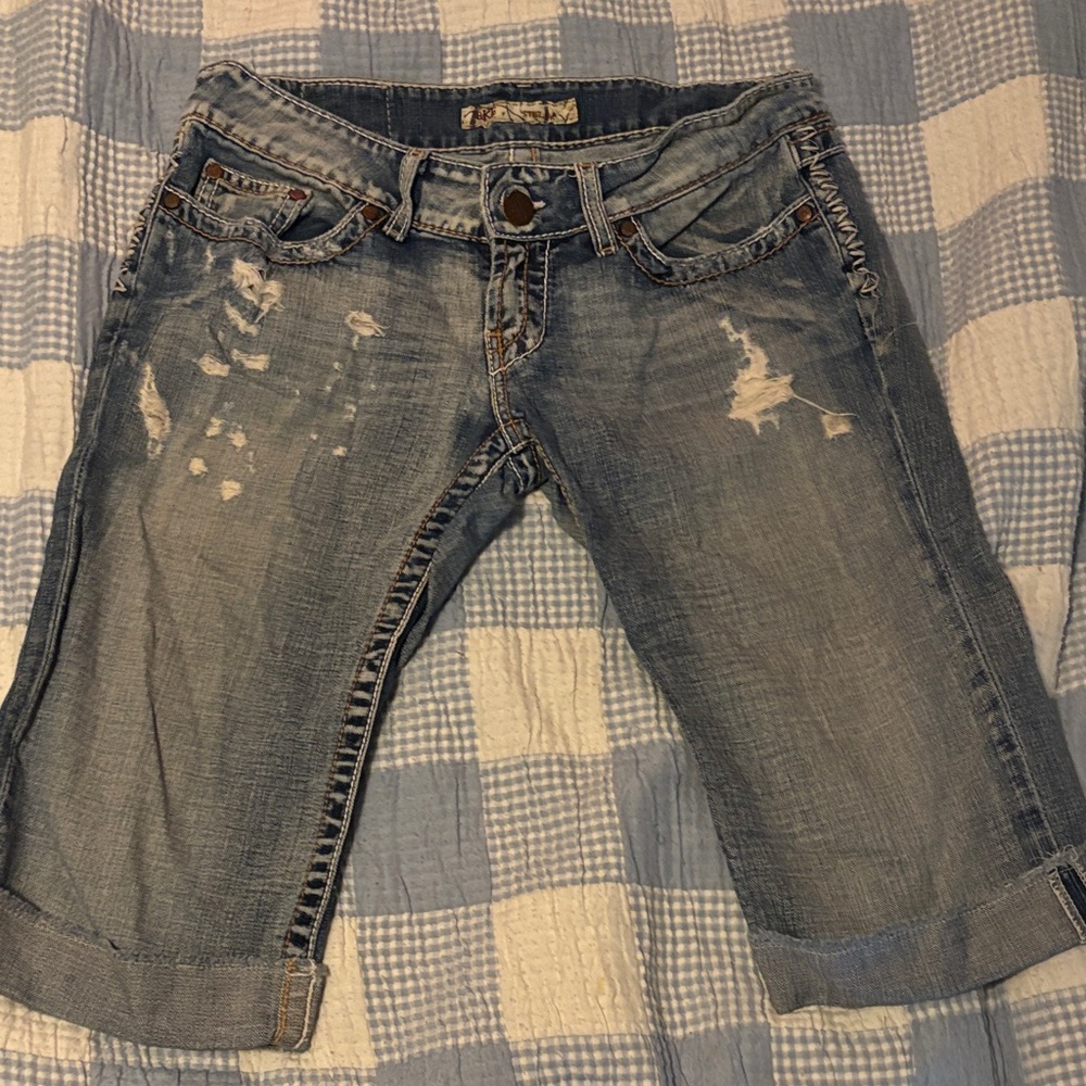 BKE Light Blue Distressed Denim Shorts